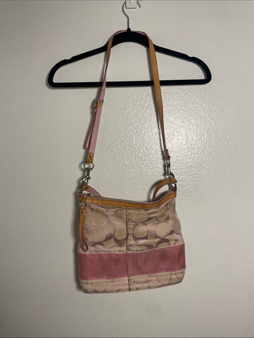 Coach Pink Signature Canvas Leather Trim Purse/ Shoulder Bag/ Crossbody